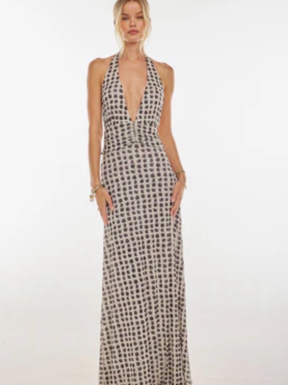 RESA Halter Plunge Maxi Dress in Cream with Black Dot Print